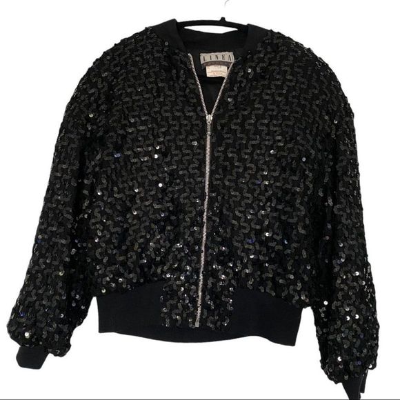 Vintage Linea sequins bomber zipper jacket coat black size small nylon EUC - Picture 1 of 7